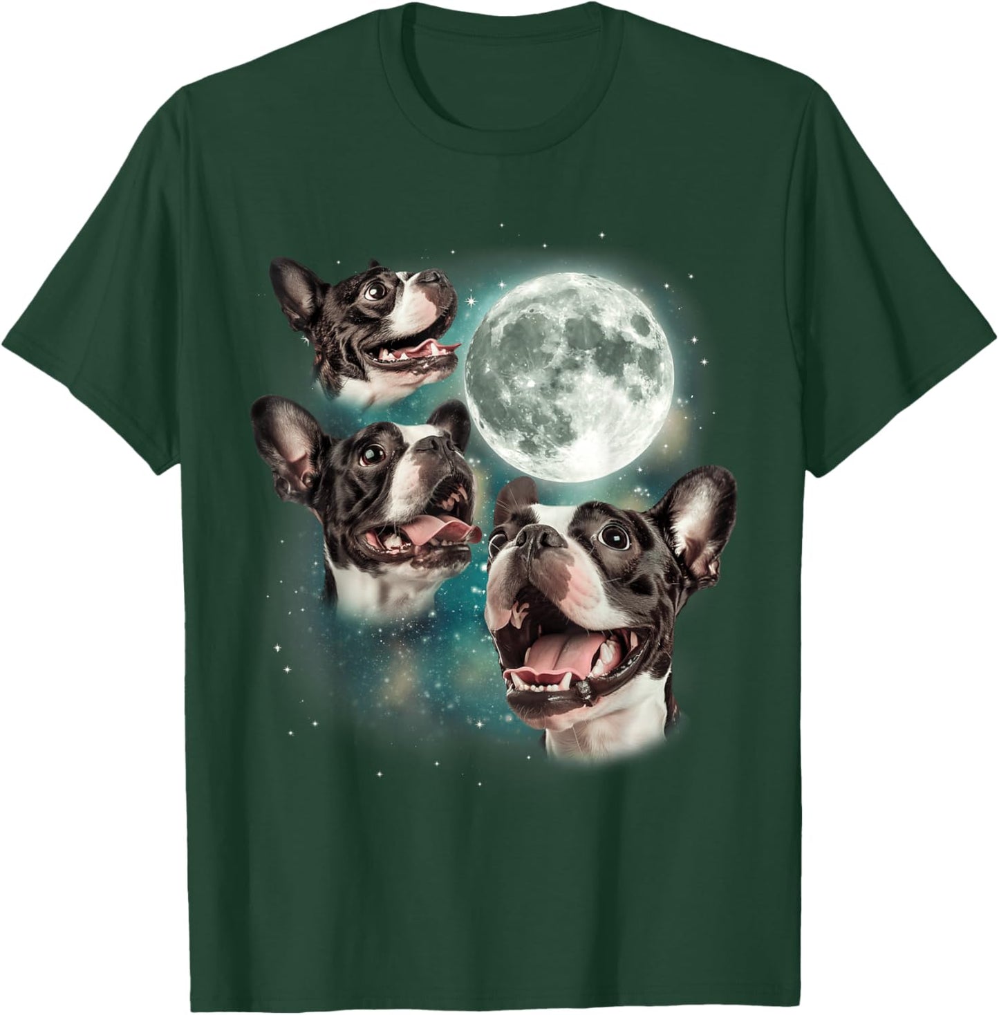 Three Boston Terrier Moon | 3 Cute Terriers Canine Pet Lover T-Shirt - T-Shirt | Forest