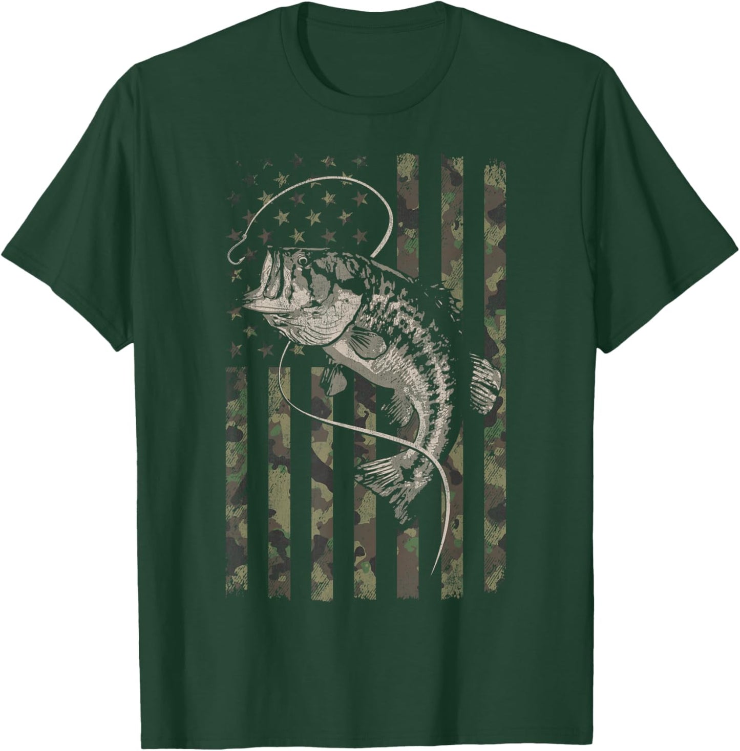 Fishing Camo American Flag Bass Fish Camouflage T-Shirt - T-Shirt | Forest