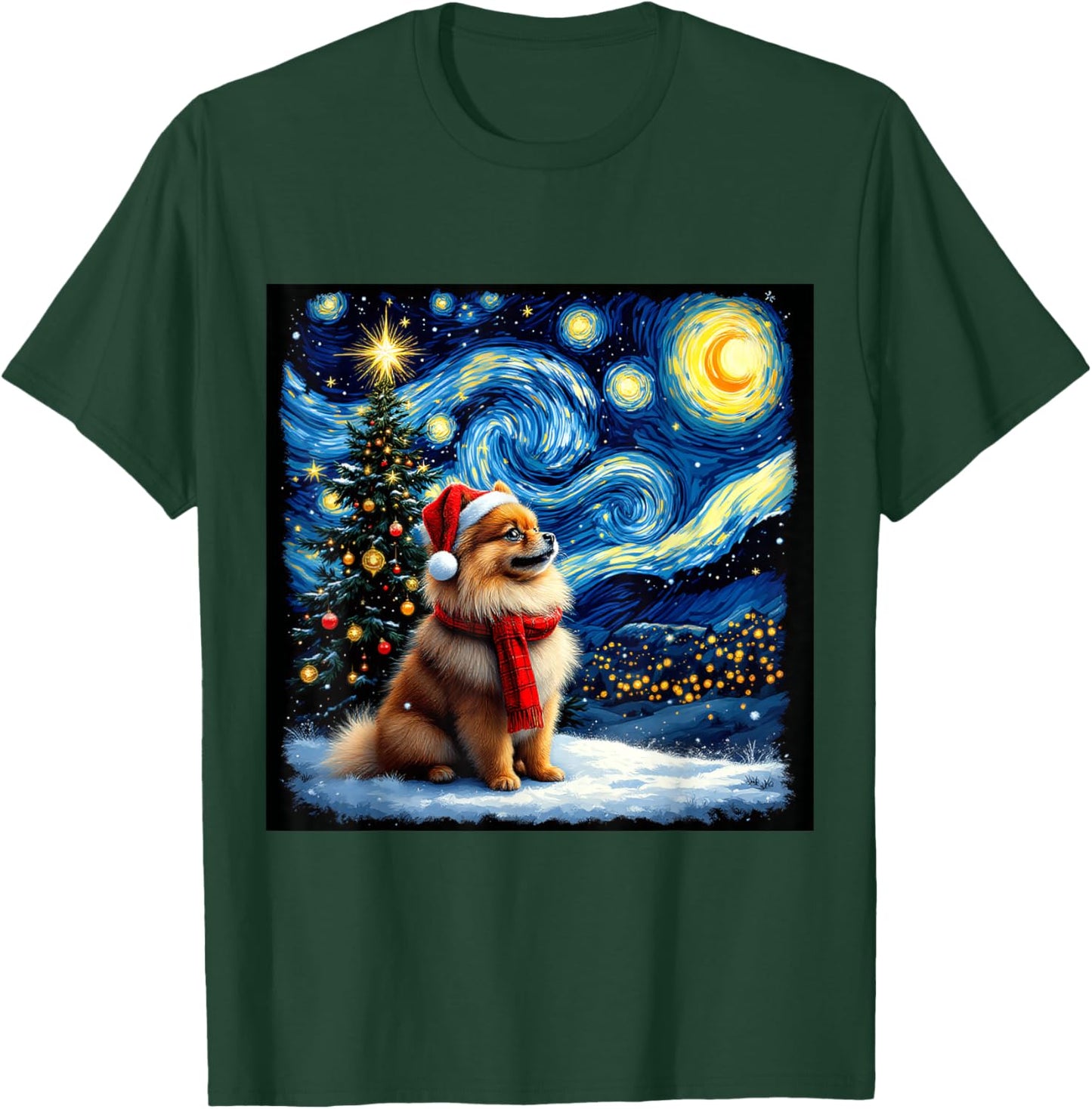 Pomeranian Starry Night Christmas Van Gogh Dog Santa Hat T-Shirt - T-Shirt | Forest