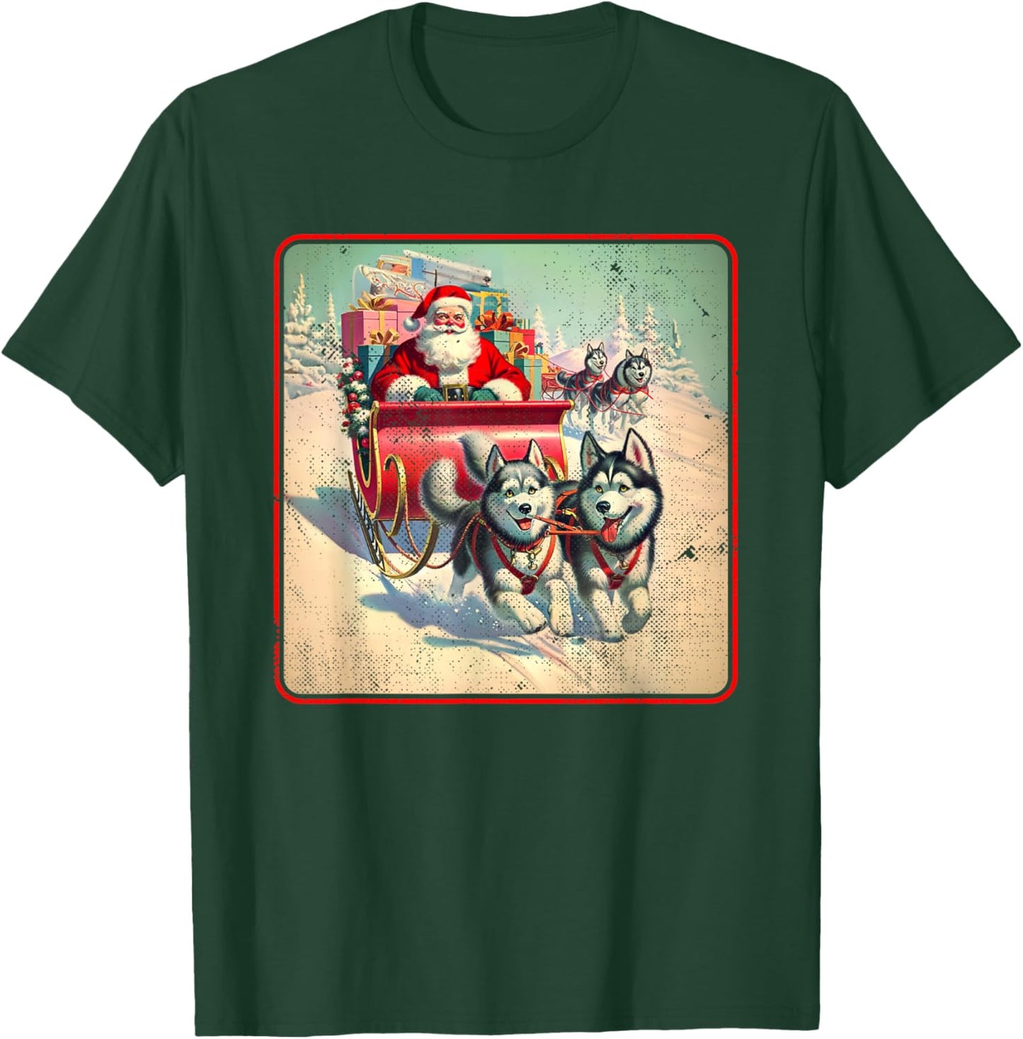Siberian Husky Family Christmas Huskies Pulling Santa Sleigh T-Shirt - T-Shirt | Forest