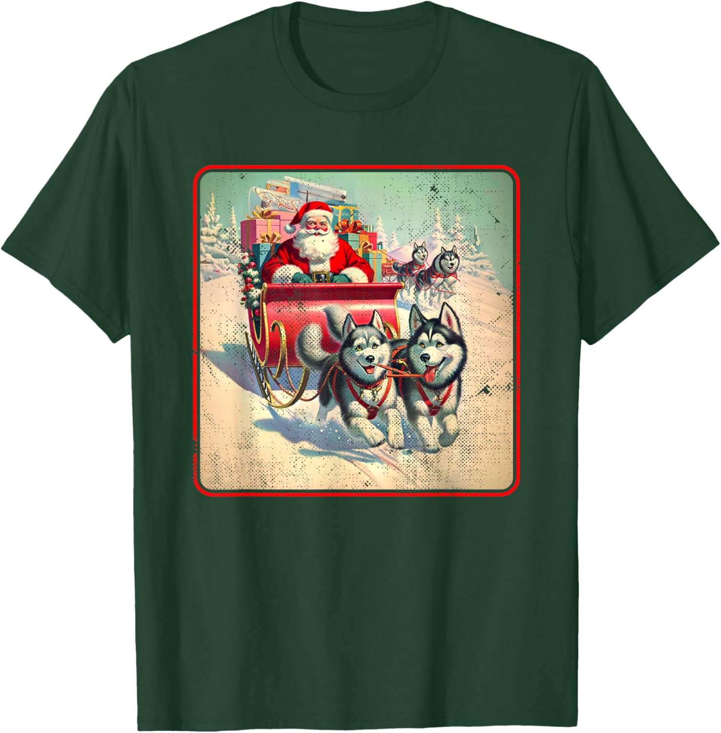 Siberian Husky Family Christmas Huskies Pulling Santa Sleigh T-Shirt - T-Shirt | Forest