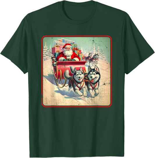 Siberian Husky Family Christmas Huskies Pulling Santa Sleigh T-Shirt - T-Shirt | Forest