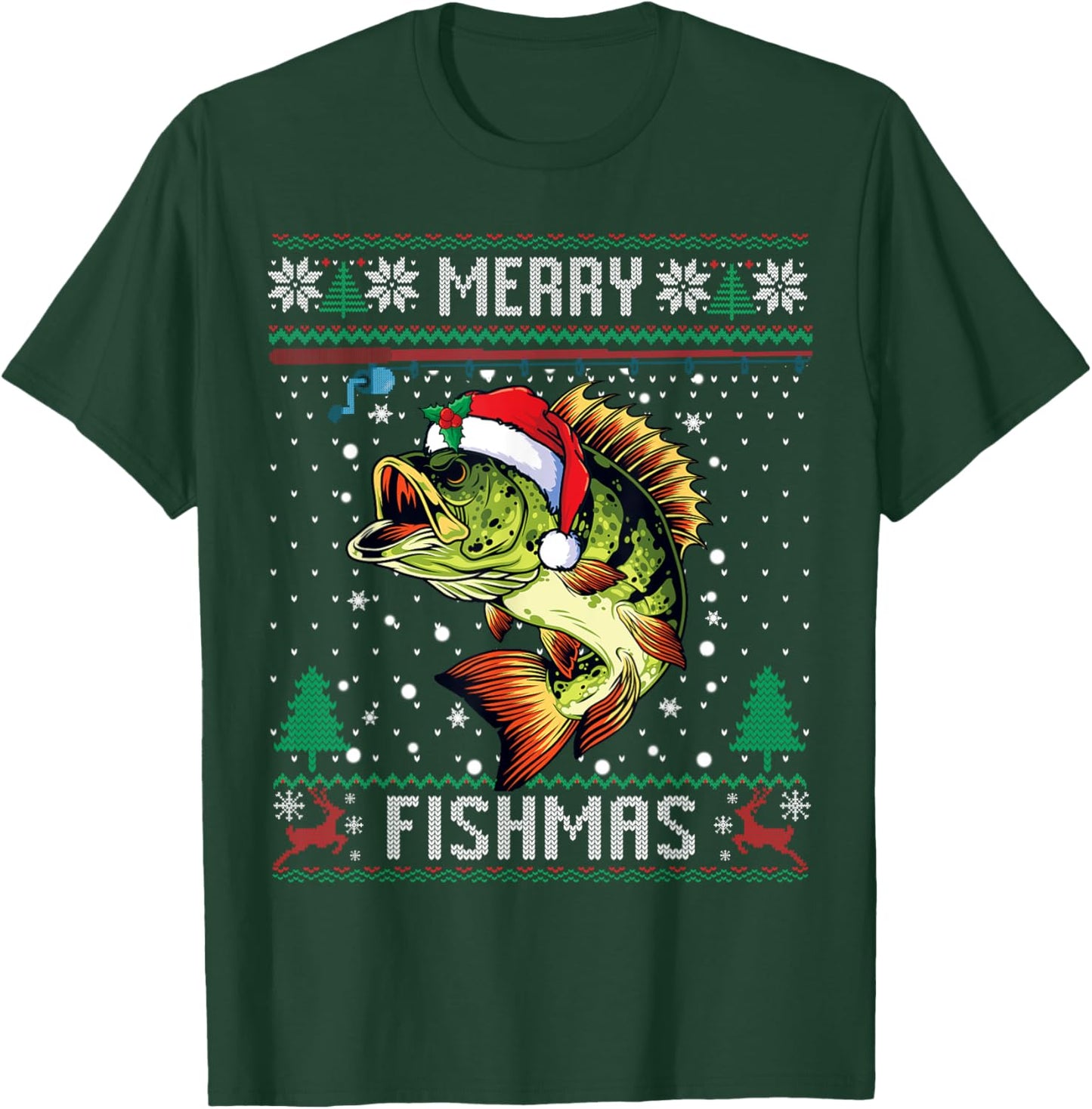 Merry Fishmas Bass Fish Fishing Christmas Ugly Sweater Xmas T-Shirt - T-Shirt | Forest