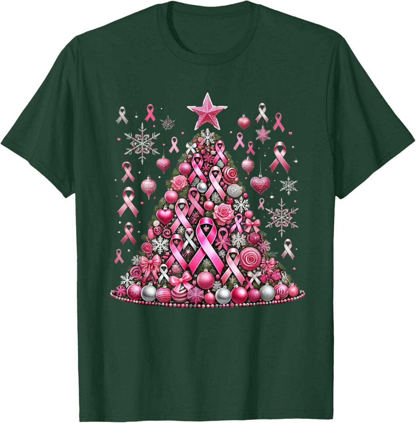 Snowflakes Ornament Decoration Breast Cancer Christmas Tree T-Shirt - T-Shirt | Forest