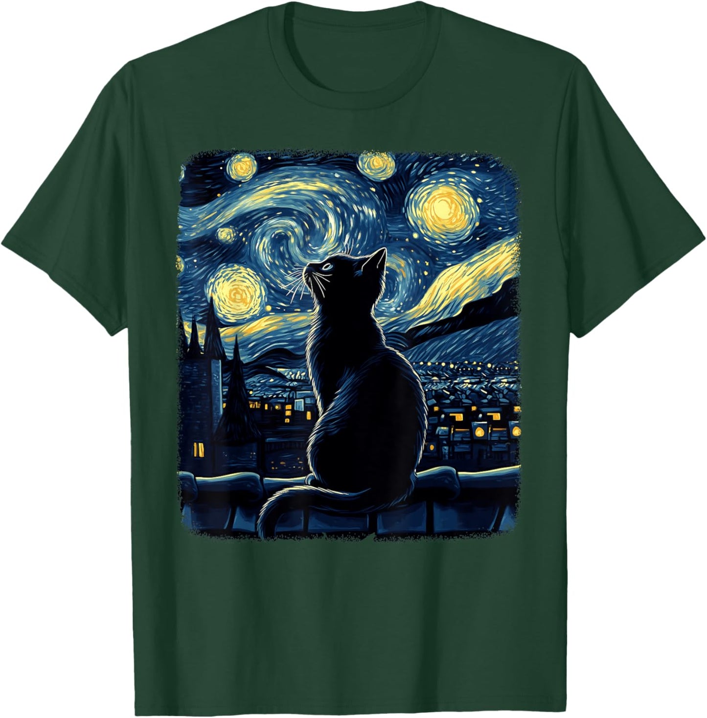 Halloween Van Gogh Starry Night Painting Black Cat Kitten Women Kids T-Shirt - T-Shirt | Forest