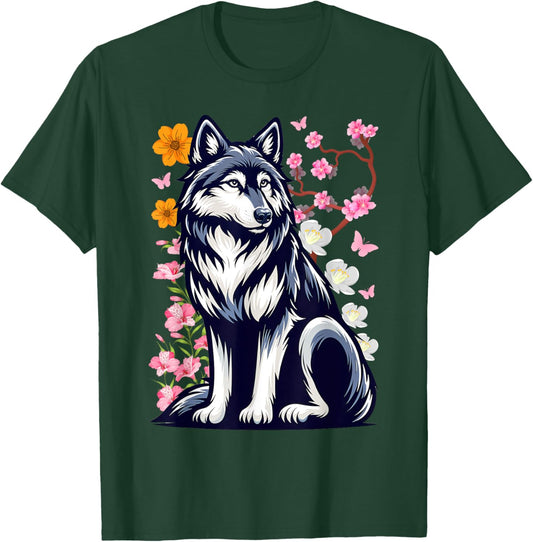 Cute Wolf With Flowers I Kids Wolf T-Shirt - T-Shirt | Forest