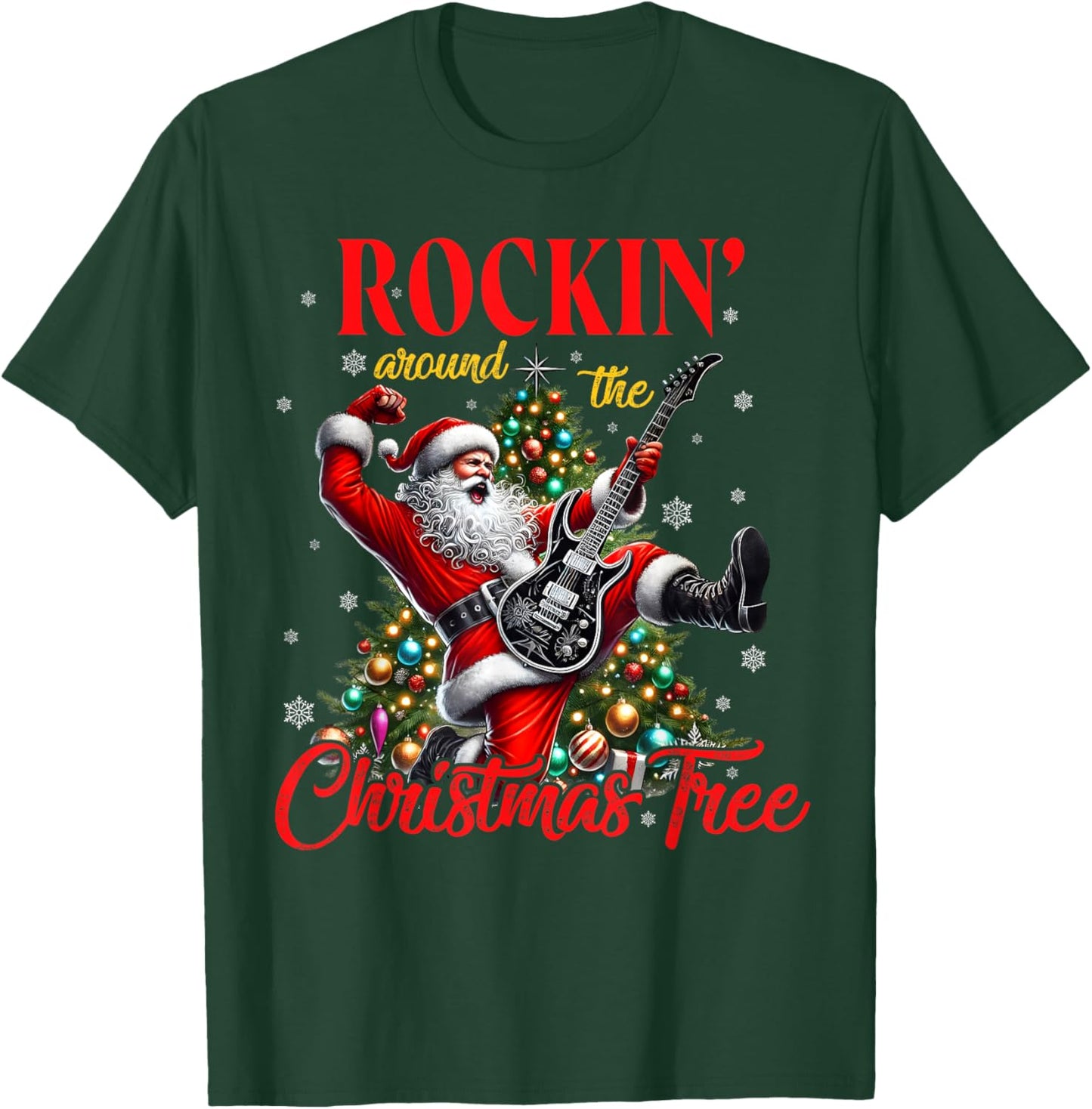 Rocking Around the Christmas Tree Santa Rock And Roll Guitar T-Shirt - T-Shirt | Forest