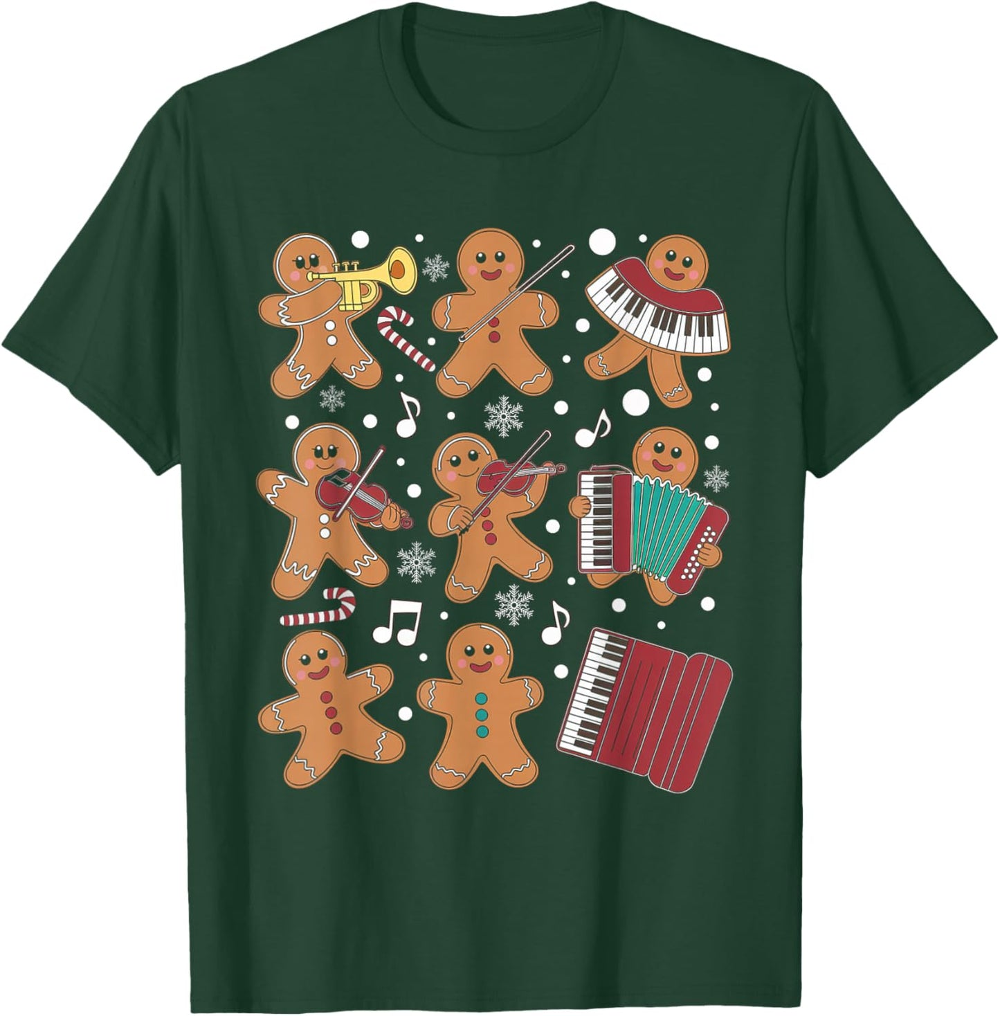 Christmas Musician Gingerbread Playing Musical Instruments T-Shirt - T-Shirt | Forest