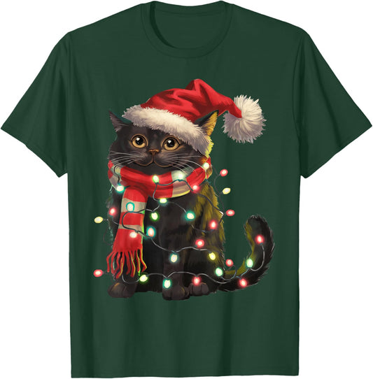 Black Cat Christmas Lights Santa Hat Christmas Cat Lover Women Kids T-Shirt - T-Shirt | Forest