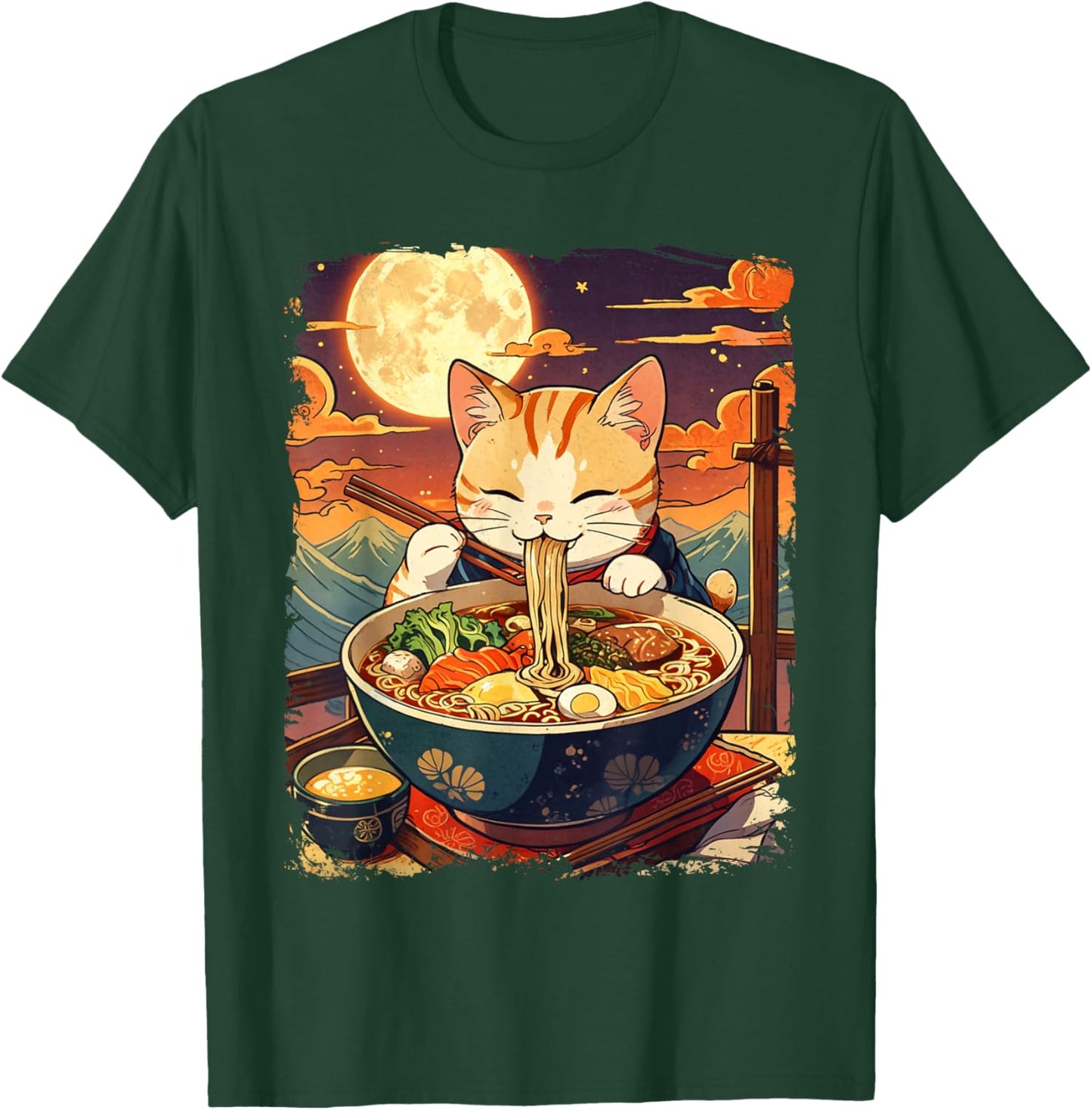 Cat Eating Ramen Japanese Noodles Vintage Ukiyo-e Art T-Shirt - T-Shirt | Forest