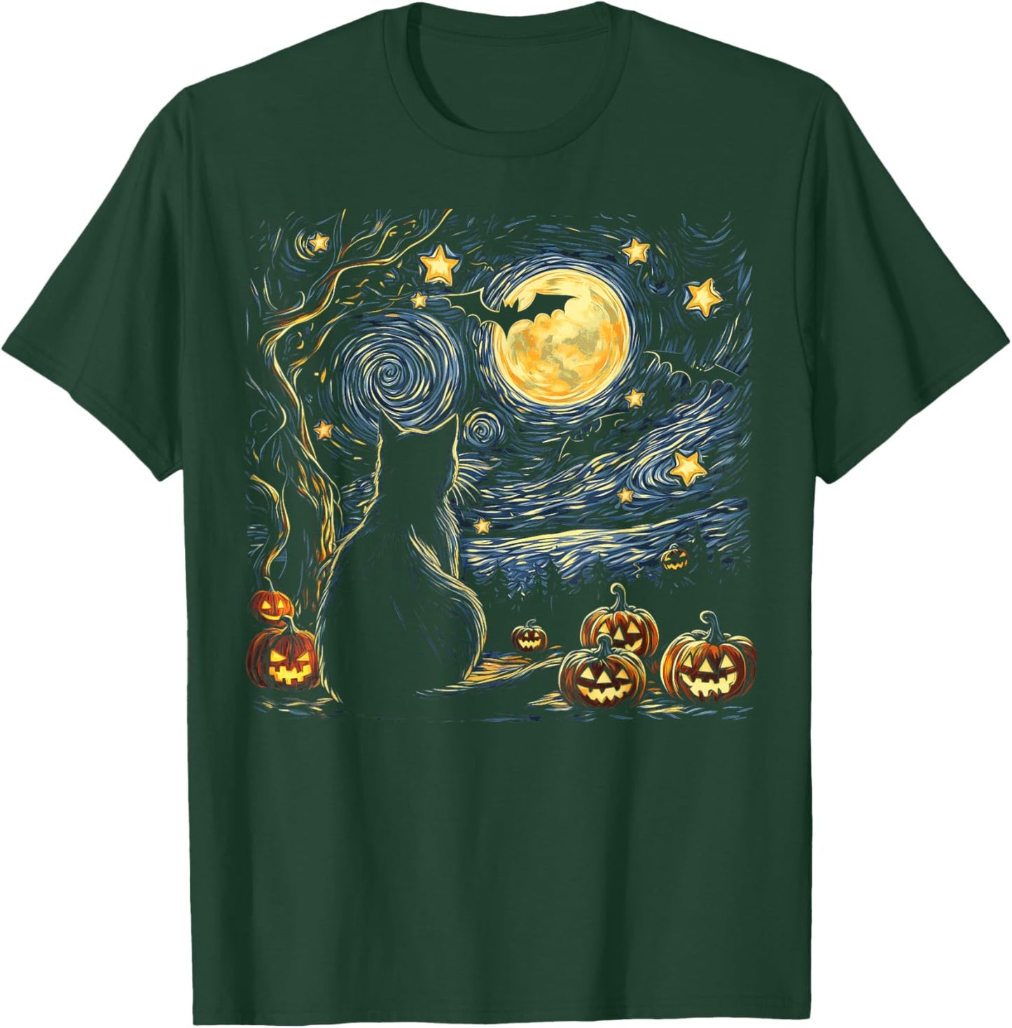Halloween Van Gogh Starry Night Painting Black Cat Kitten Women Kids T-Shirt - T-Shirt | Forest