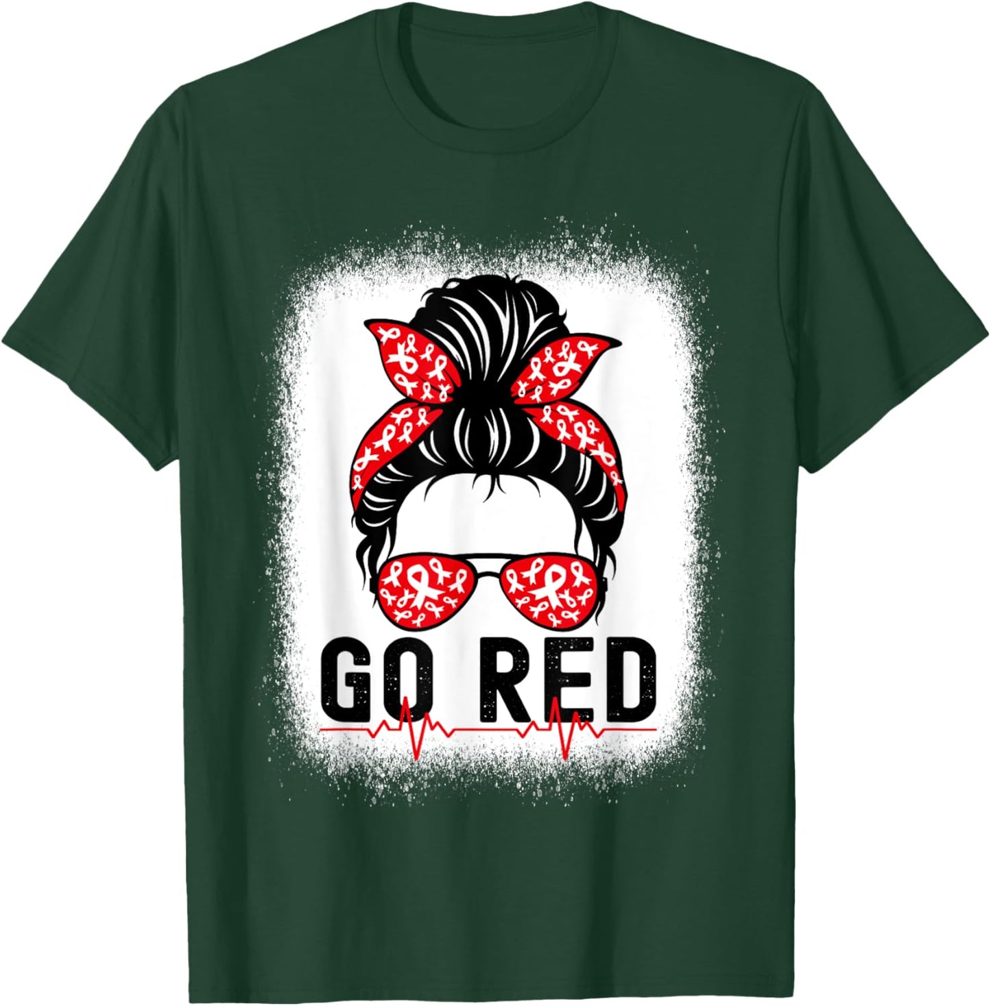 Go Red American Heart Disease Awareness Messy Bun T-Shirt - T-Shirt | Forest