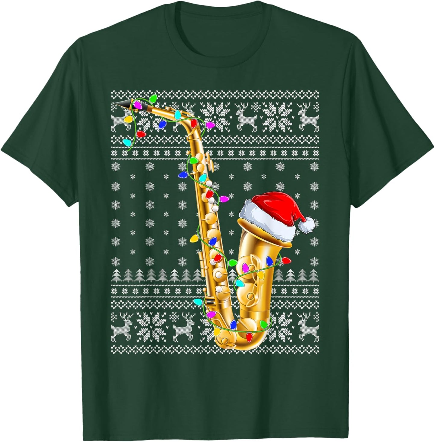 Ugly Sweater Xmas Lights Santa Musical Saxophone Christmas T-Shirt - T-Shirt | Forest