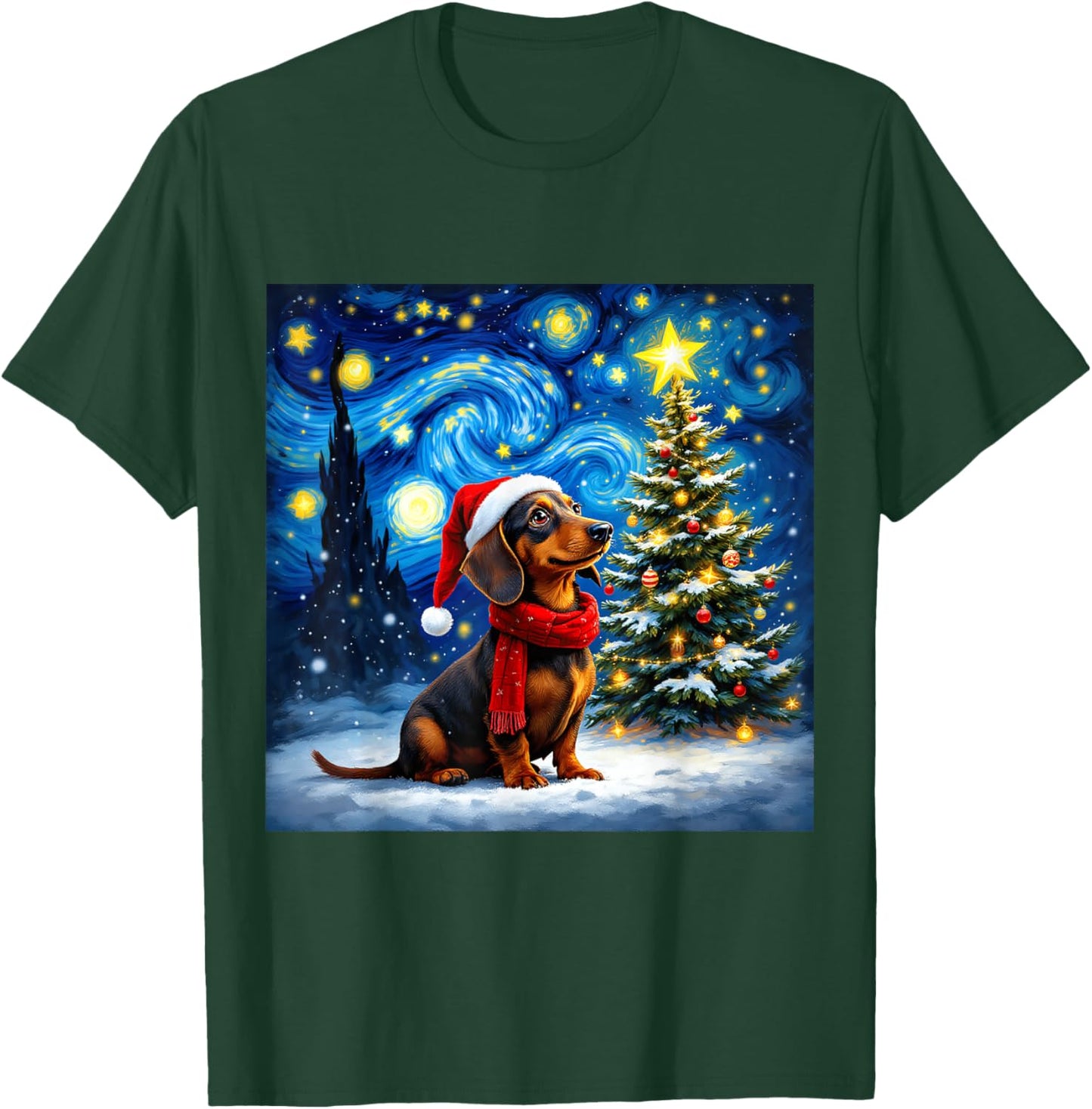 Dachshund Starry Night Christmas Van Gogh Dog Santa Hat T-Shirt - T-Shirt | Forest