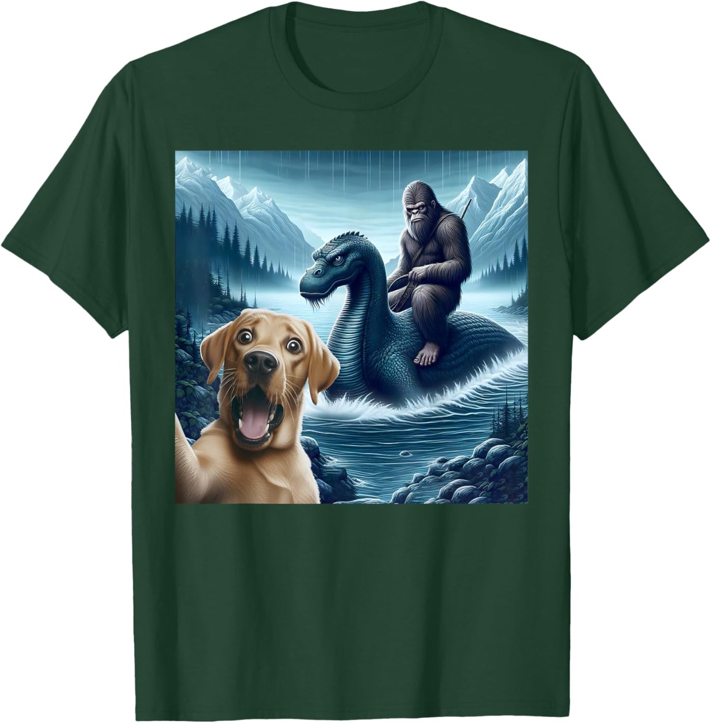 Labrador retriever Selfie with bigfoot riding loch Ness T-Shirt - T-Shirt | Forest