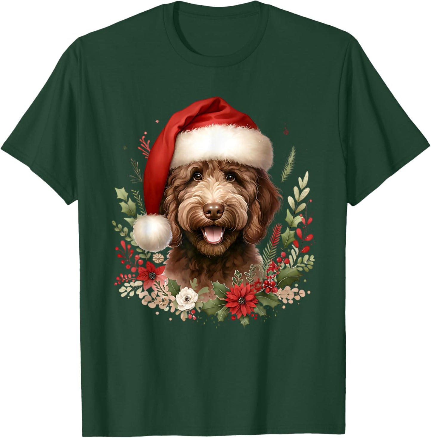 Christmas Chocolate Labradoodle Dog Watercolor Artwork T-Shirt - T-Shirt | Forest