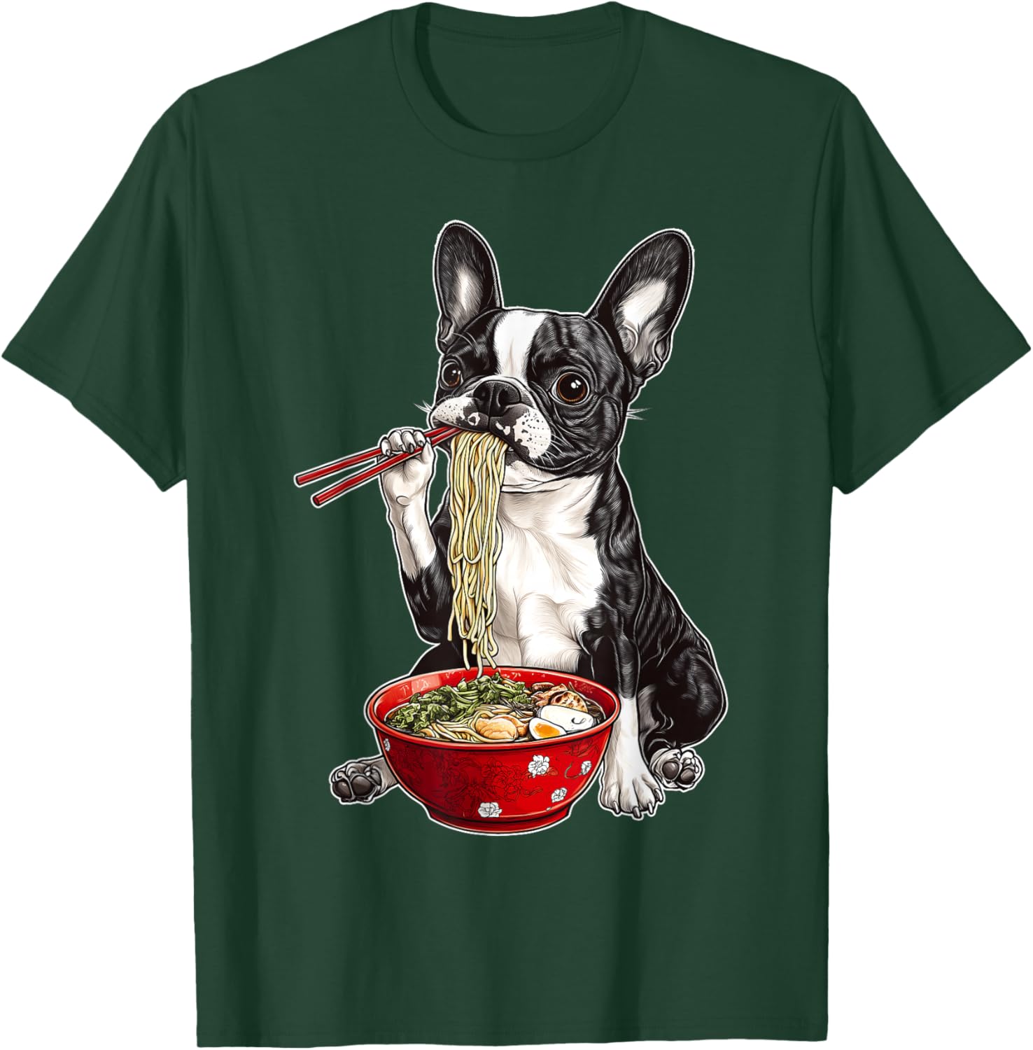 Boston Terrier Dog Eating Ramen Bowl Japanese Noodles T-Shirt - T-Shirt | Forest