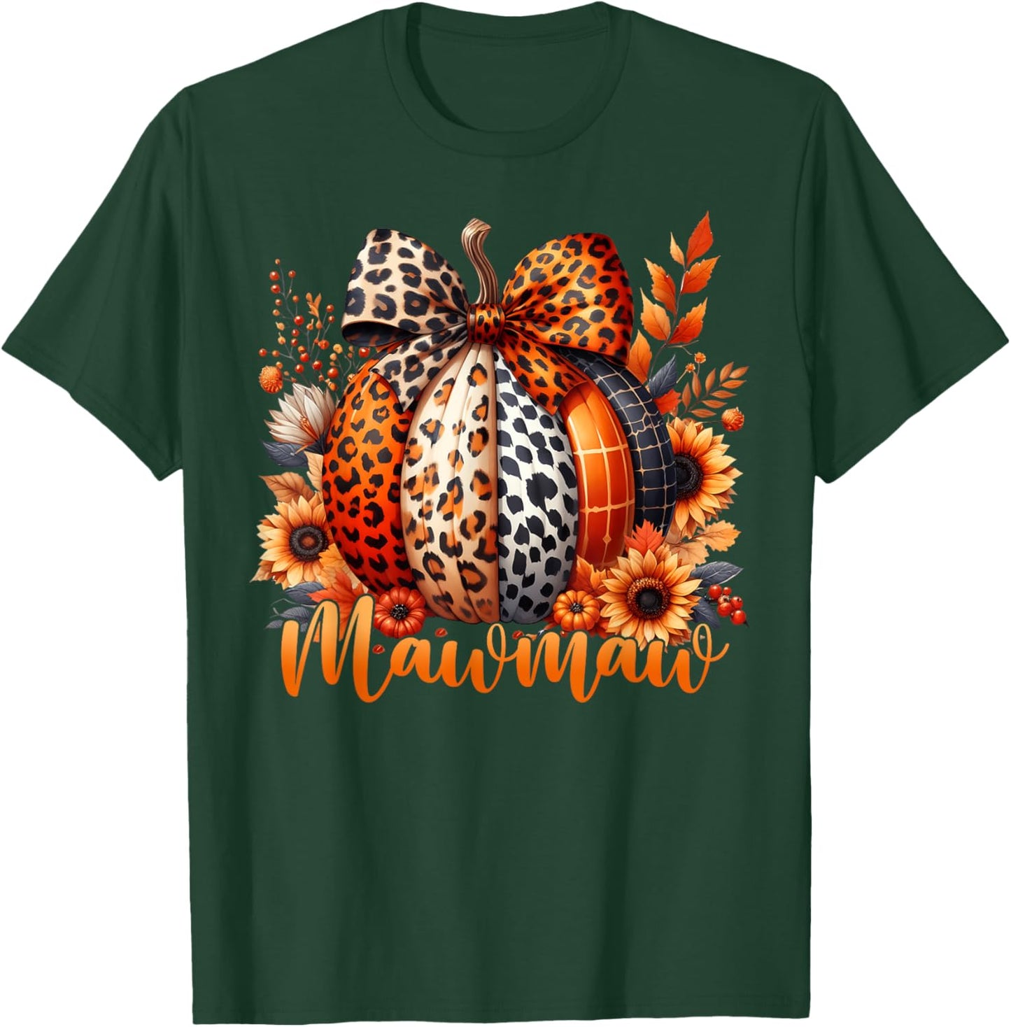 Mawmaw Thanksgiving Leopard Pumpkin Sunflower Coquette Bow T-Shirt - T-Shirt | Forest