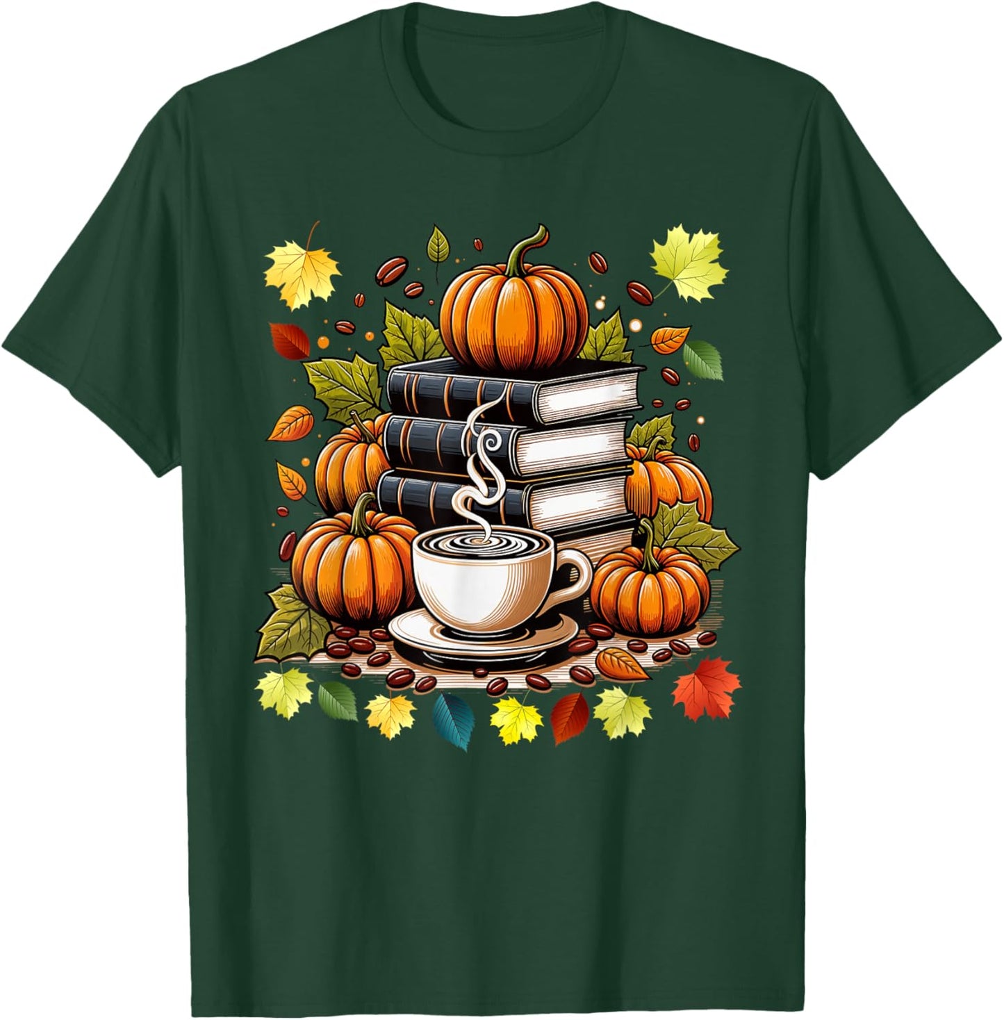 Books Coffee Fall Leaves and Pumpkins Vintage Library T-Shirt - T-Shirt | Forest