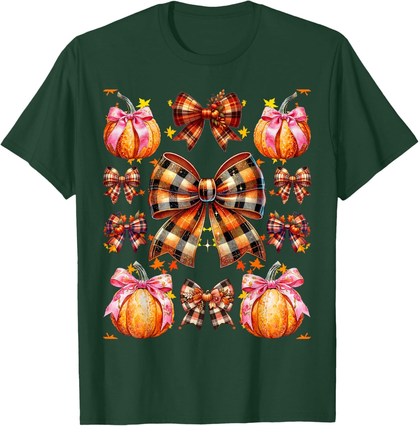 Coquette Bow Pumpkin Season Thanksgiving Autumn Fall Leaves T-Shirt - T-Shirt | Forest