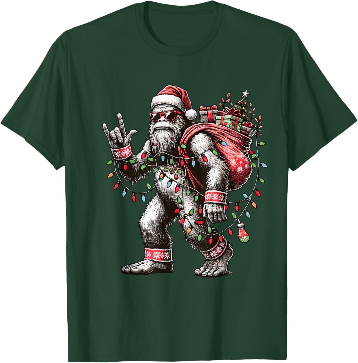 Funny Bigfoot Christmas Santa Sasquatch with Lights T-Shirt - T-Shirt | Forest