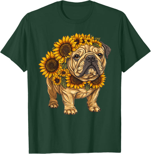 Sunflower English Bulldog Dog Flower Gardening Floral T-Shirt - T-Shirt | Forest