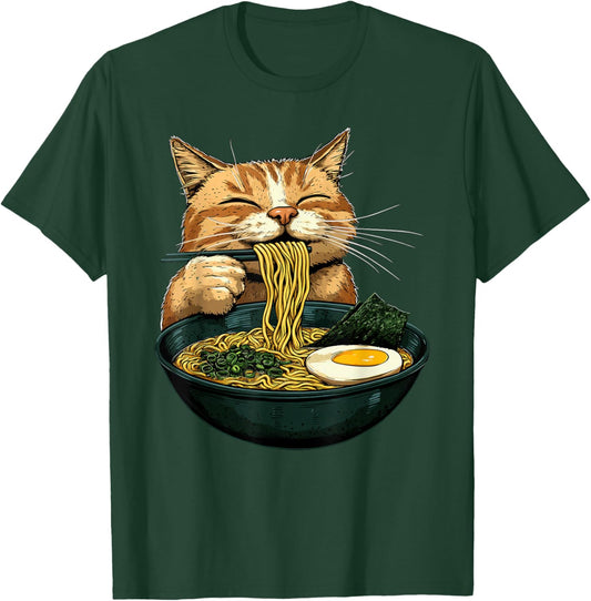 Funny Cat Eating Ramen Japanese Anime Kawaii Cat T-Shirt - T-Shirt | Forest
