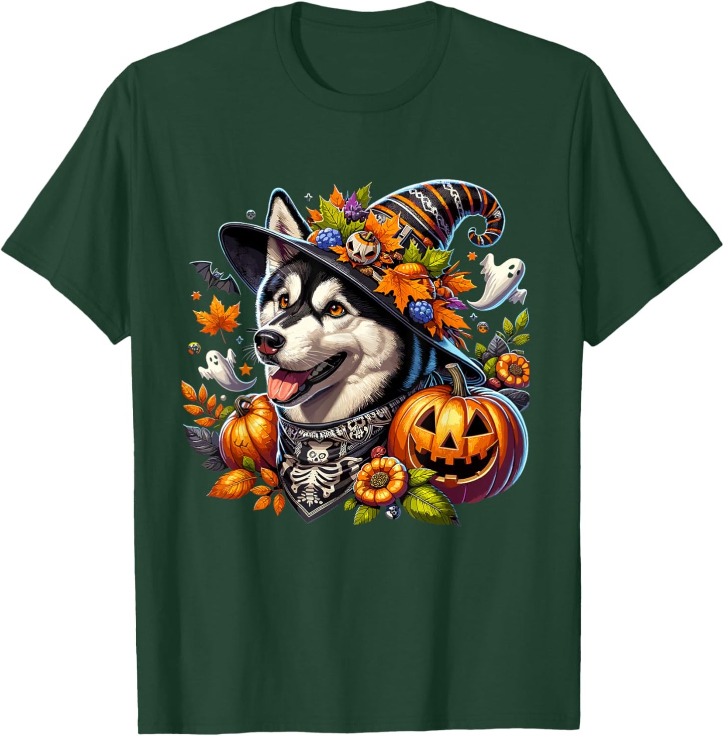 Halloween Siberian Husky Fall Leaves Autumn Pumpkin Ghost T-Shirt - T-Shirt | Forest