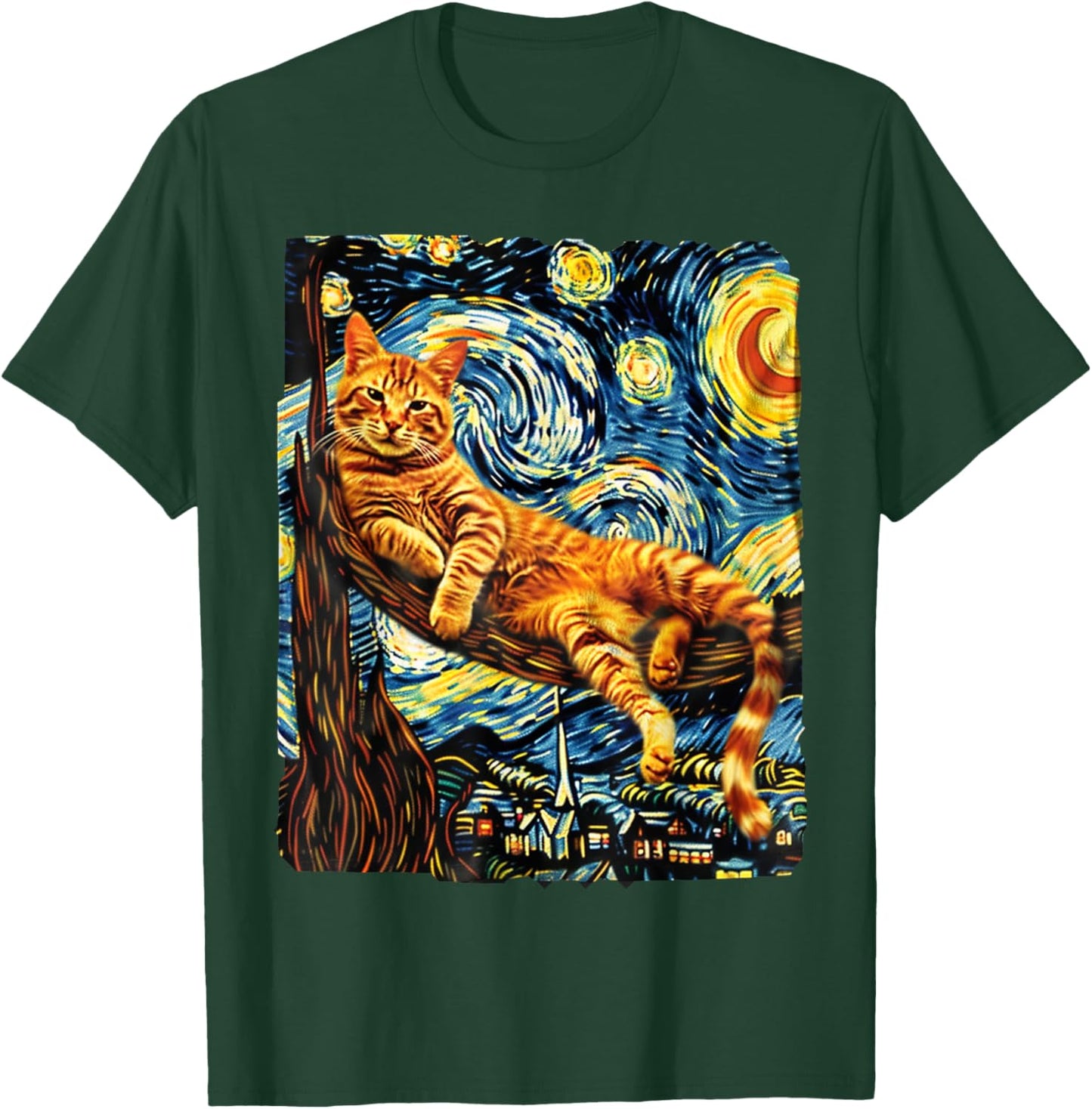 Cat Starry Night Van Gogh Cat For Cat Lover Cat Mom Cat Dad Women Girls Kids T-Shirt - T-Shirt | Forest