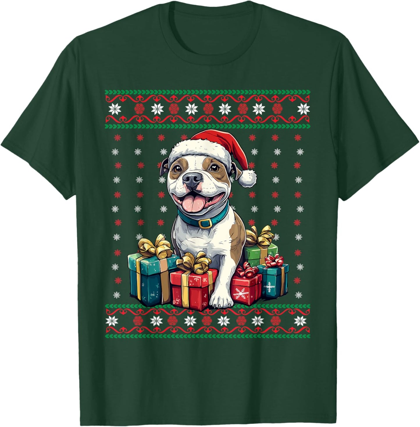 Amstaff Santa Hat Xmas American Staffordshire Ugly Christmas T-Shirt - T-Shirt | Forest