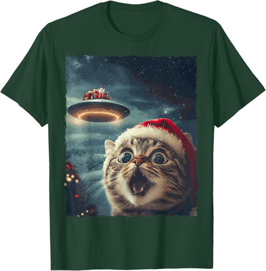 Funny Cat Selfie Santa Ufo Xmas Christmas T-Shirt - T-Shirt | Forest
