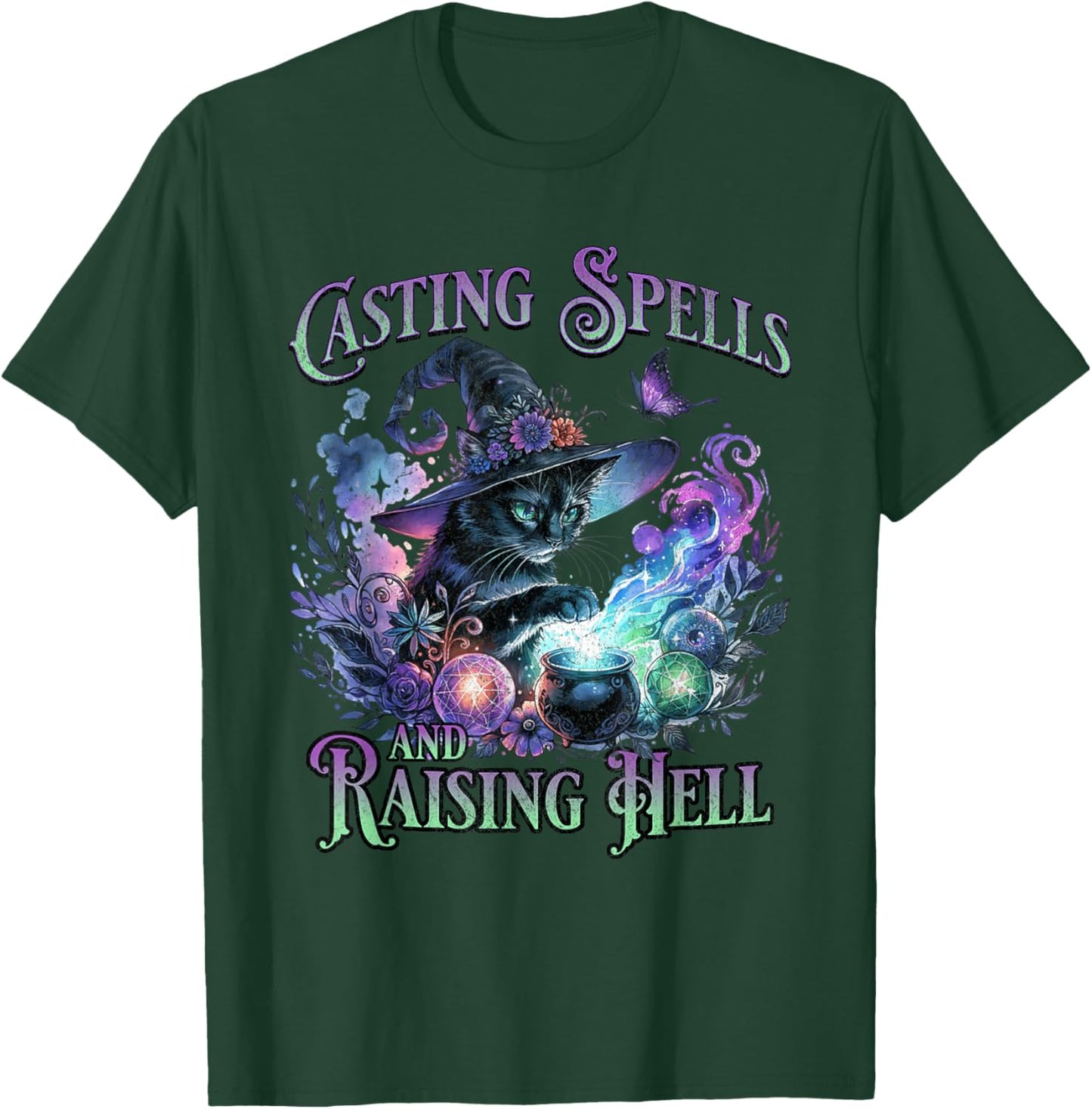 Casting Spells and Raising Hell Black Cat Witch Spooky T-Shirt - T-Shirt | Forest