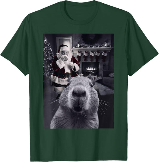 Funny Graphic Capybara Selfie with Santa Capy Xmas Rodent PJ T-Shirt - T-Shirt | Forest