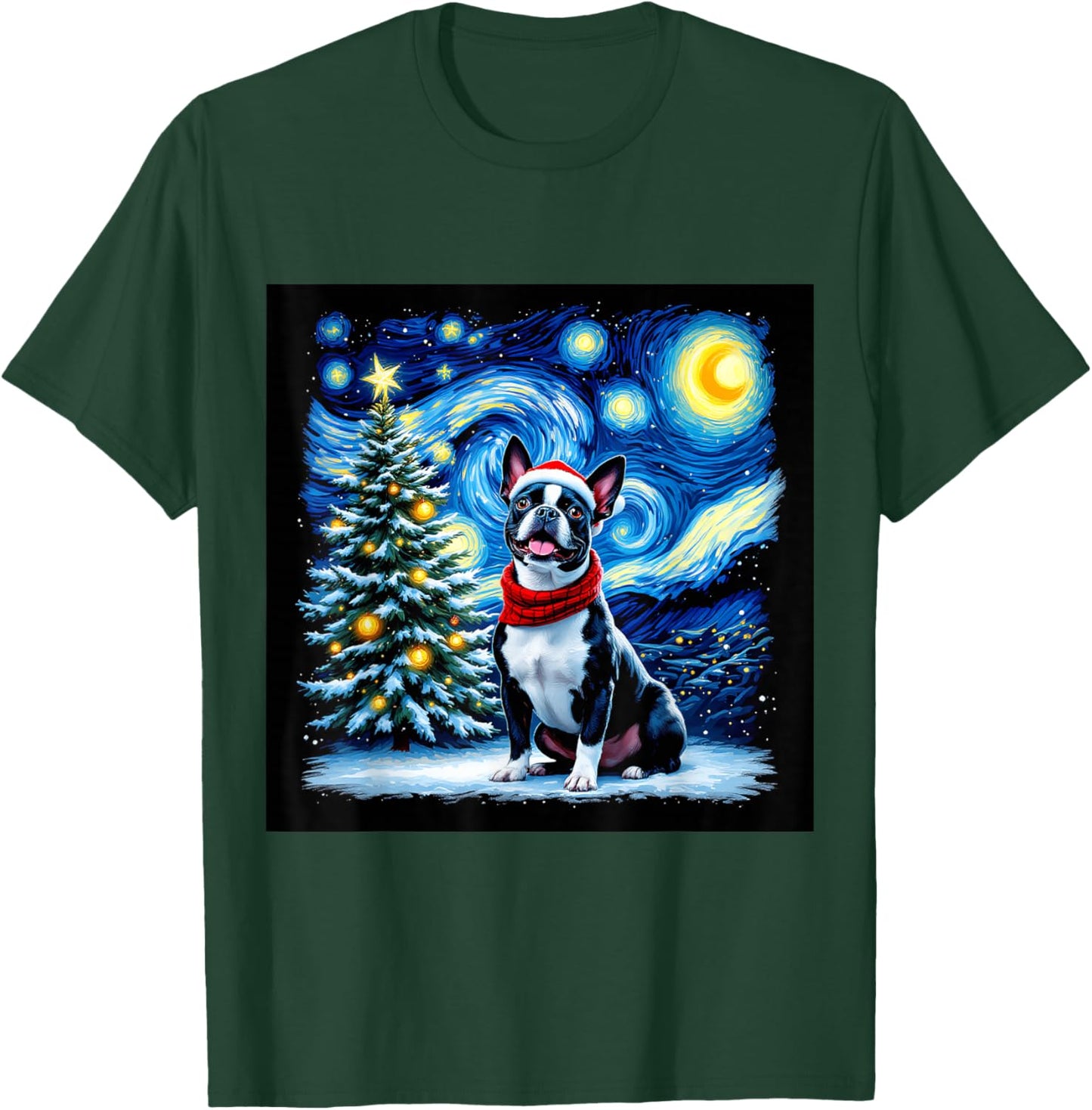 Boston Terrier Starry Night Christmas Van Gogh Dog Santa Hat T-Shirt - T-Shirt | Forest