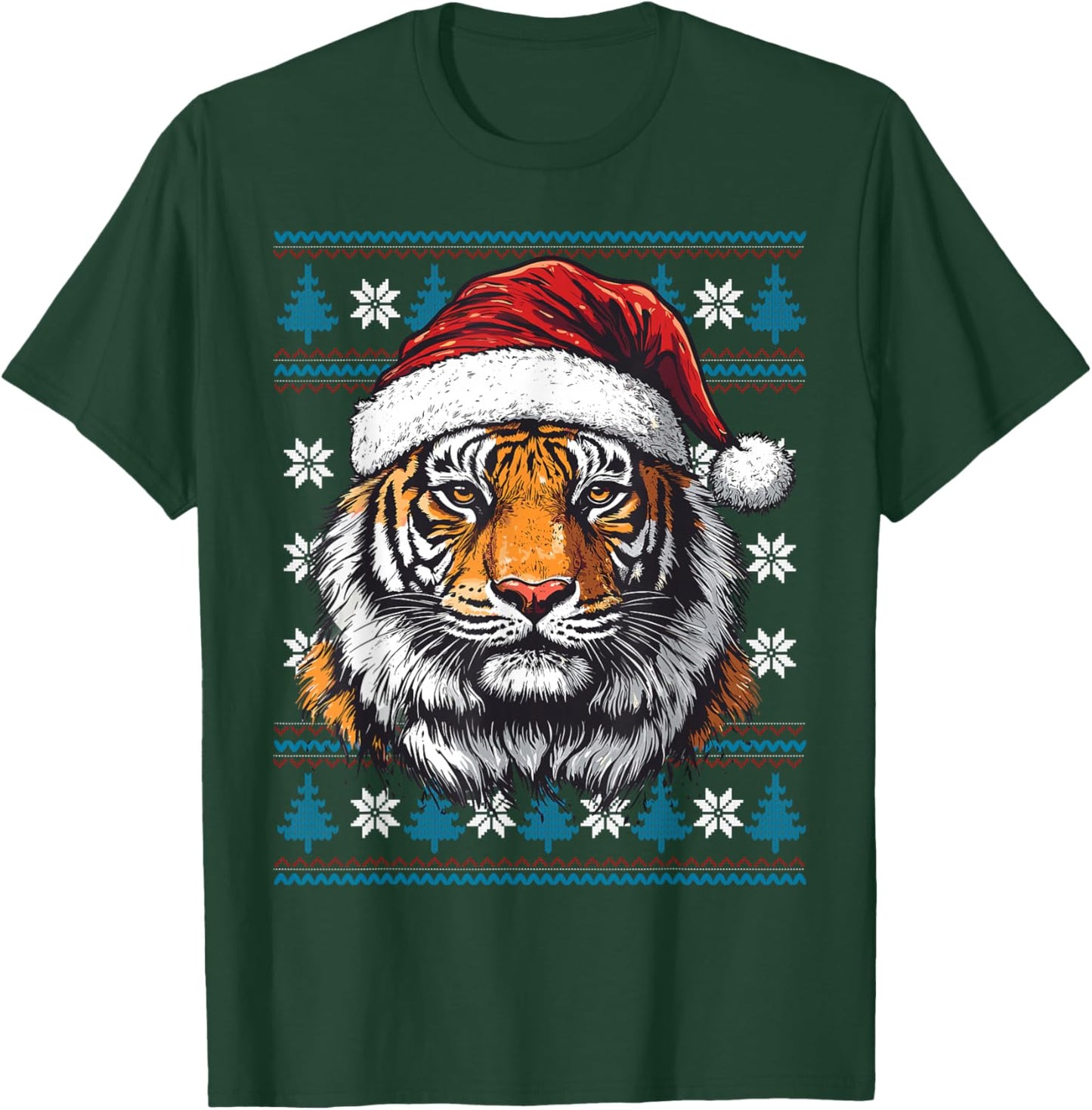 Tiger Santa Hat Ugly Christmas Sweater Tiger Lovers Holiday T-Shirt - T-Shirt | Forest