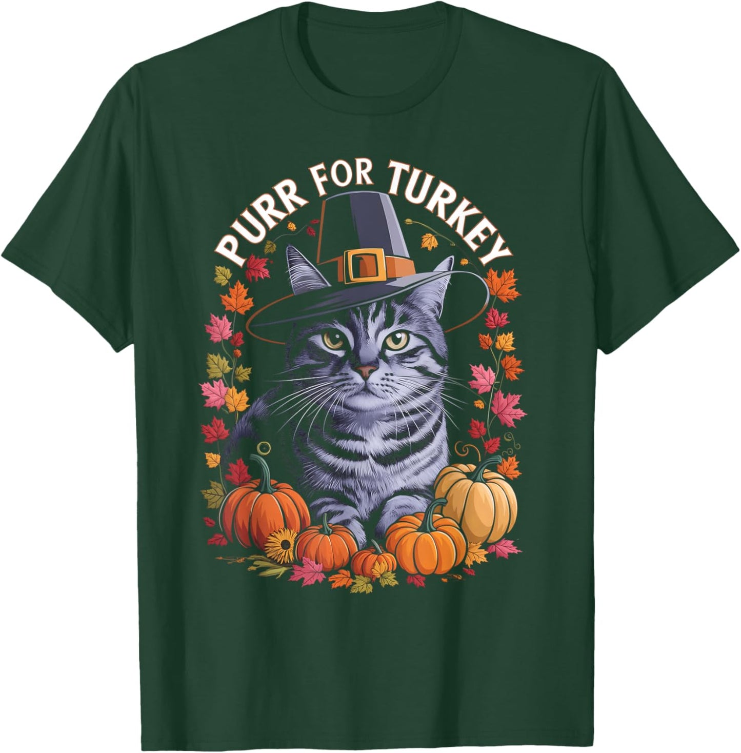 Thanksgiving Pilgrim Cat Lover Purr For Turkey Men Women Kids T-Shirt - T-Shirt | Forest