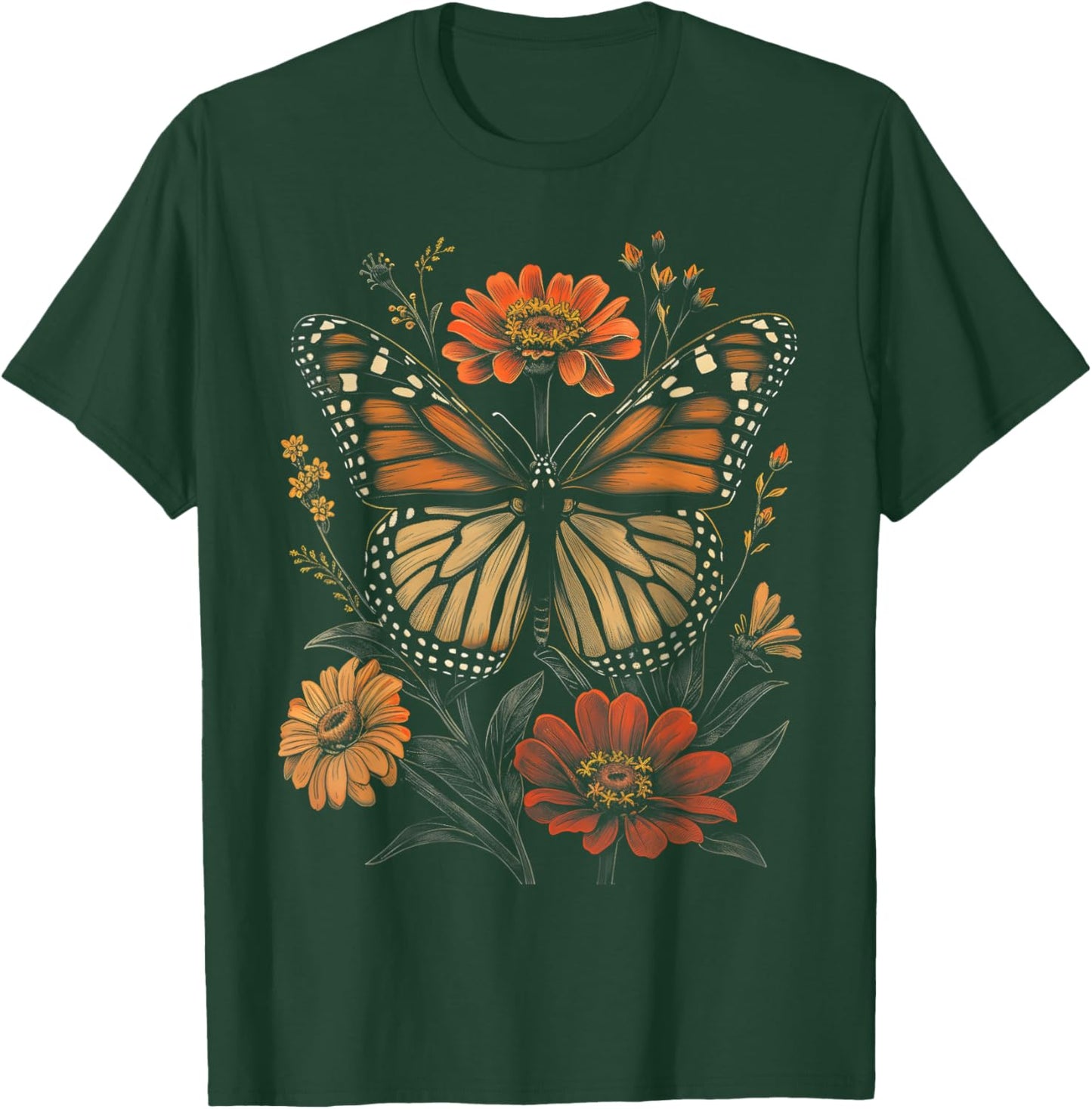 Vintage Monarch Butterfly Zinnias Flower Girl Plant Mom T-Shirt - T-Shirt | Forest