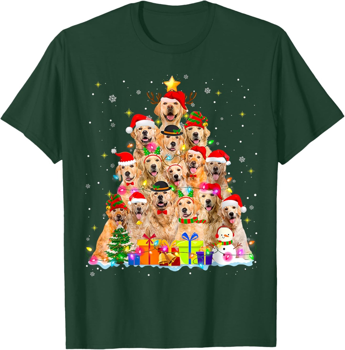Golden Retriever Christmas Lights Tree Dog Funny Xmas 2025 Women Kids T-Shirt - T-Shirt | Forest