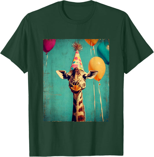 Giraffe Animal Zoo Birthday Party Apparel -Kids Retro Art Print Giraffe Birthday Party Black Short Sleeve Small T-Shirt - T-Shirt | Forest