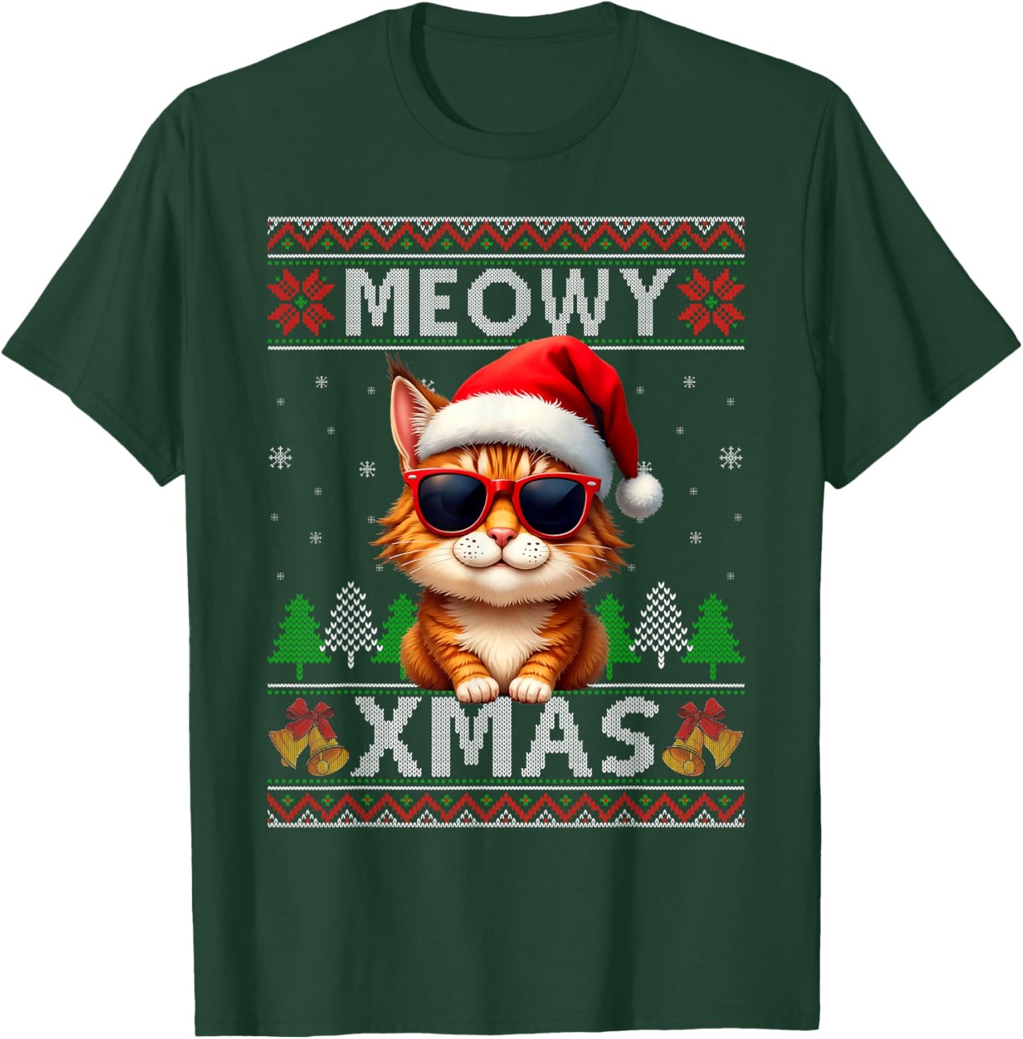 Meowy Xmas Cat Sunglasses Xmas Lights Ugly Christmas Sweater T-Shirt - T-Shirt | Forest