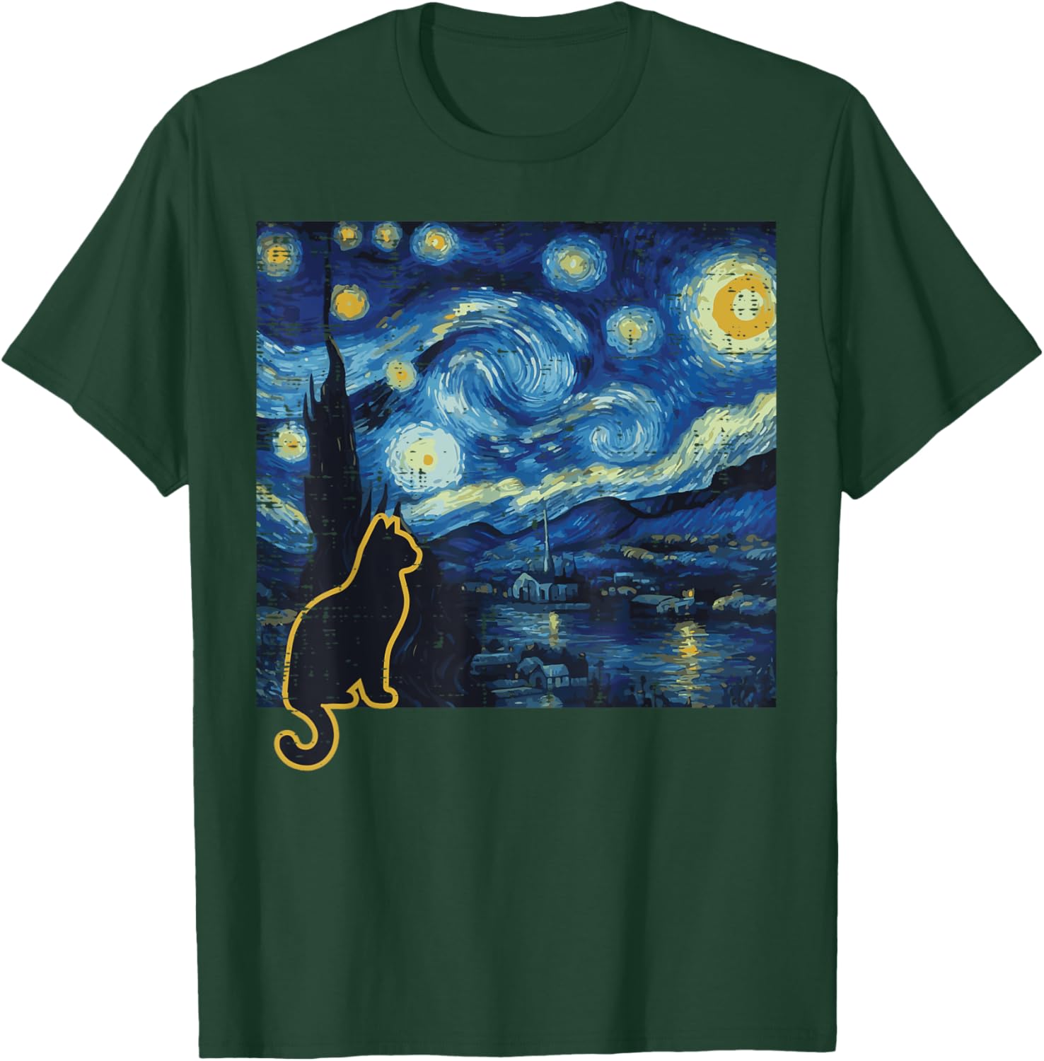 Cat Starry Night Funny Art Painting Van Gogh Men Women Kids T-Shirt - T-Shirt | Forest