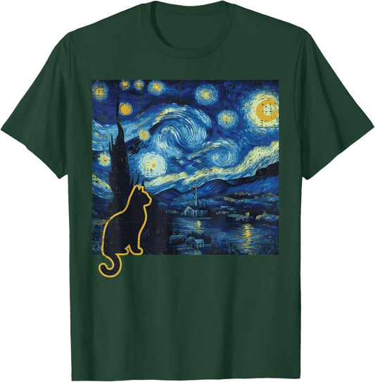Cat Starry Night Funny Art Painting Van Gogh Men Women Kids T-Shirt - T-Shirt | Forest
