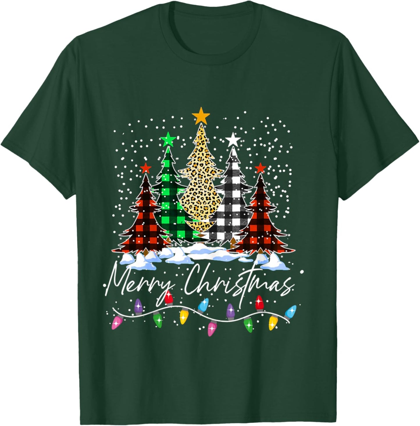 Merry Christmas Trees With Buffalo Red Plaid Leopard Xmas T-Shirt - T-Shirt | Forest