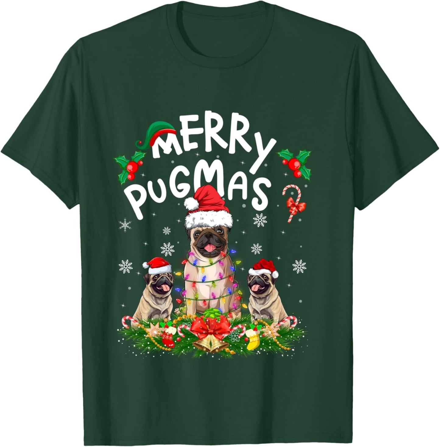 Merry Pugmas Xmas Lighting Santa Pug Dog Christmas T-Shirt - T-Shirt | Forest