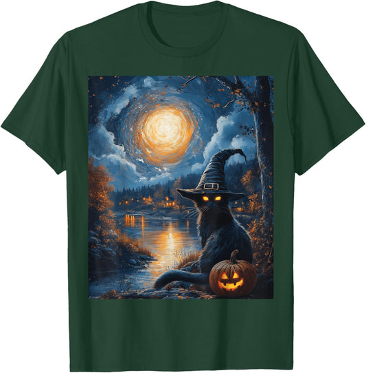 Halloween Van Gogh Starry Night Black Cat Pumpkin Spooky T-Shirt - T-Shirt | Forest