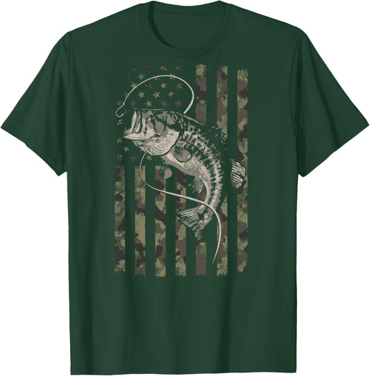 Fishing Camo American Flag Bass Fish (Design on Back) T-Shirt - T-Shirt | Forest