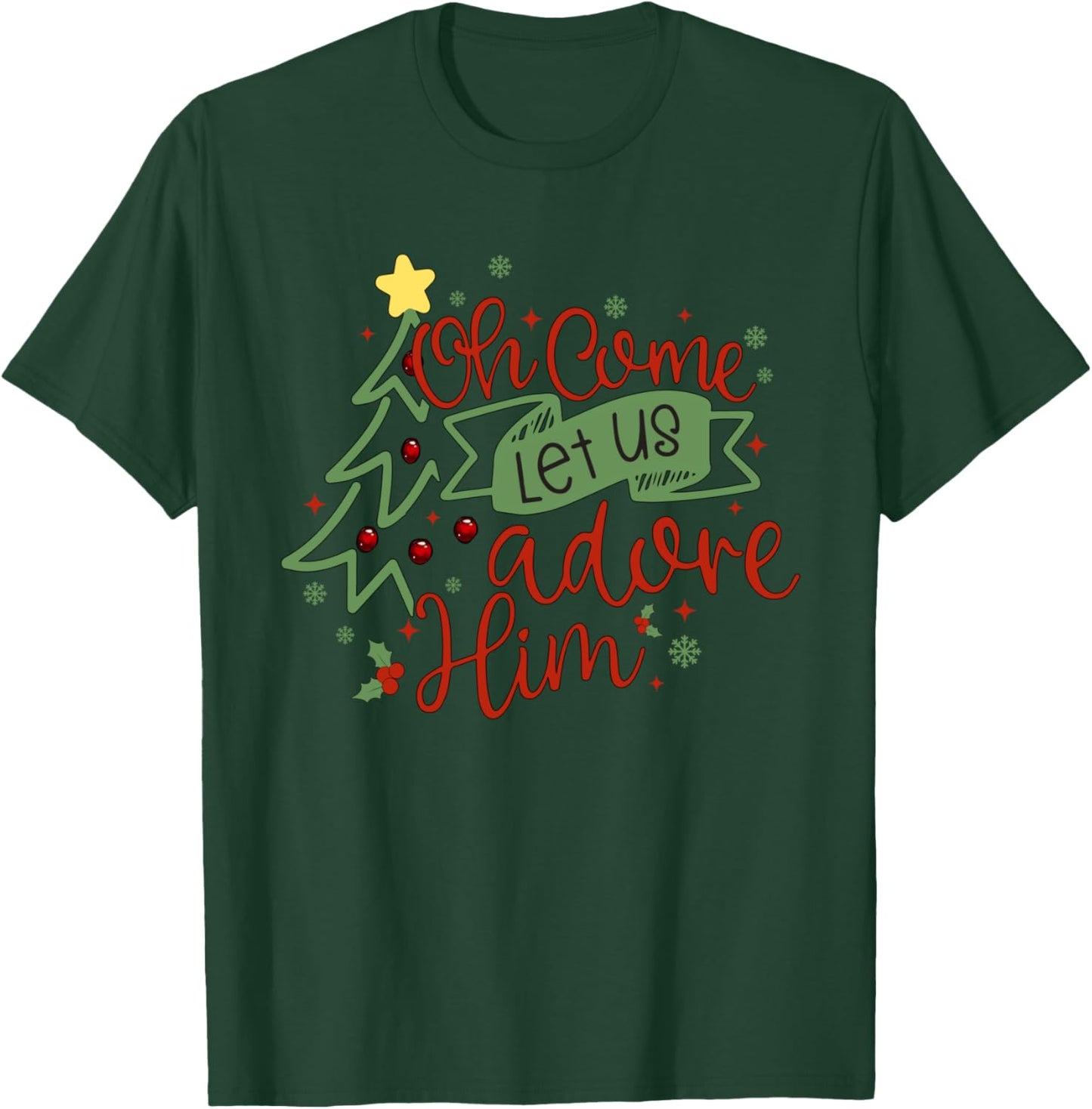 Oh Come Let Us Adore Him Religious Christmas Tree Christian T-Shirt - T-Shirt | Forest