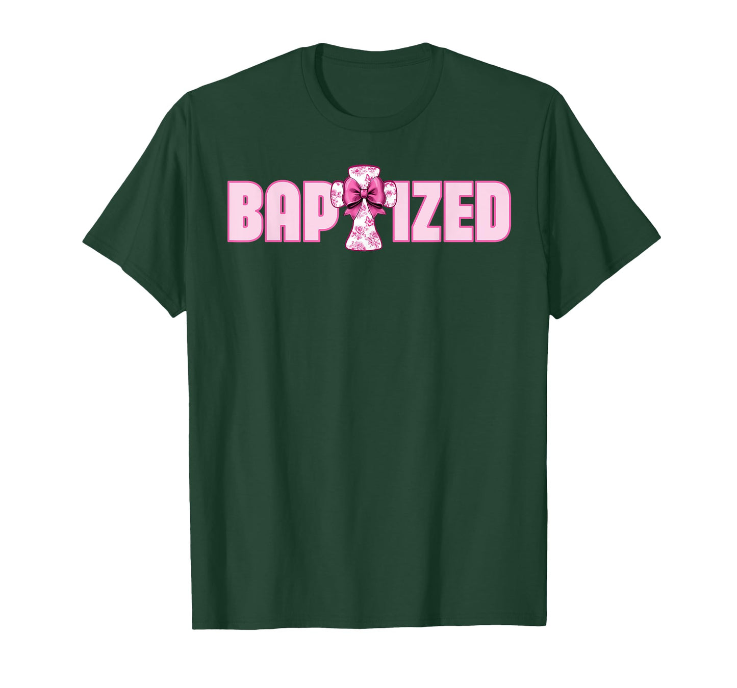 Baptized Pink Toile Cross And Coquette Bow For Baptism T-Shirt