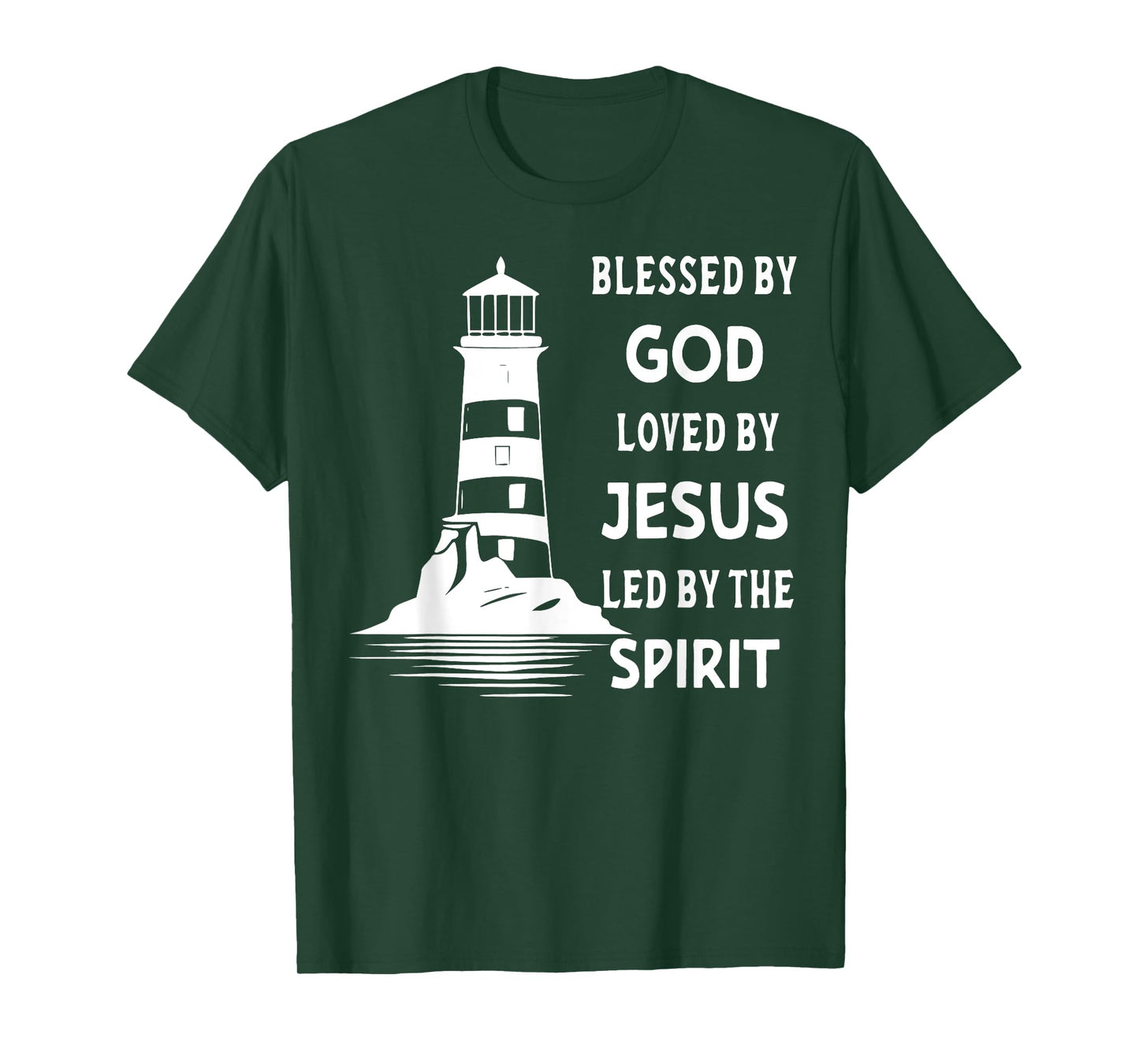 Jesus Shirts Apparel And Accessories - Blessed By God, Loved By Jesus, Led By The Holy Spirit - Christian Lighthouse T-Shirt - Unisex-Adults, Unisex-Kids - Black - Short Sleeve - Small - Classic Fit