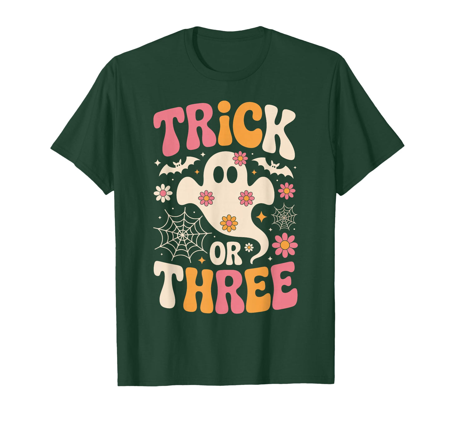 Trick Or Three 3 Years Old Birthday Groovy Ghost Halloween T-Shirt